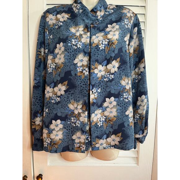 Vintage Koret Petites beautiful blue floral blouse 10P LN Shoulder pad high neck - Picture 1 of 5